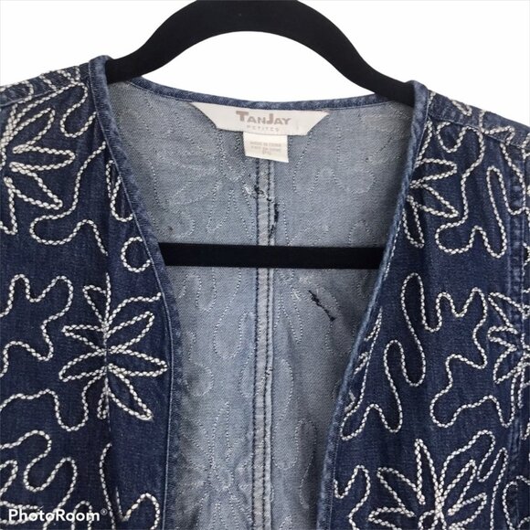 TanJay Floral Embroidered Oversized Denim Open Front Jacket Tencel cotton S P - Picture 4 of 13